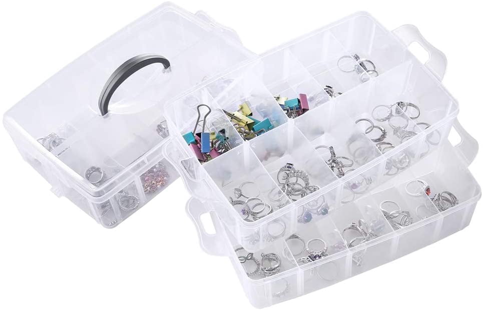 3-Tier Stackable Storage Container Box with 30 Adjustable Compartments, Plastic Organizer Box,Snap-lock Tray Container Box for Fuse Beads, Jewelry,Tool,Kids Toy,Clear