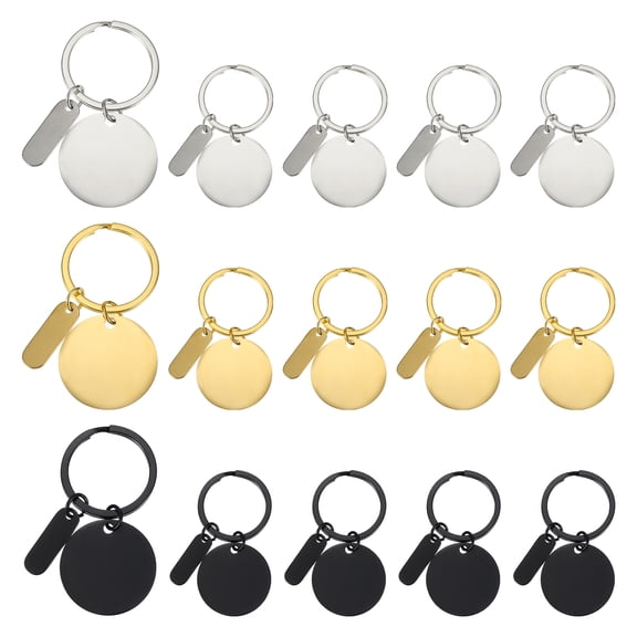Uxcell Stainless Steel Engraving Keychain Blanks, 15Pcs Metal Laser Engravable Stamping Blanks, Gold/Silver/Black (Round)