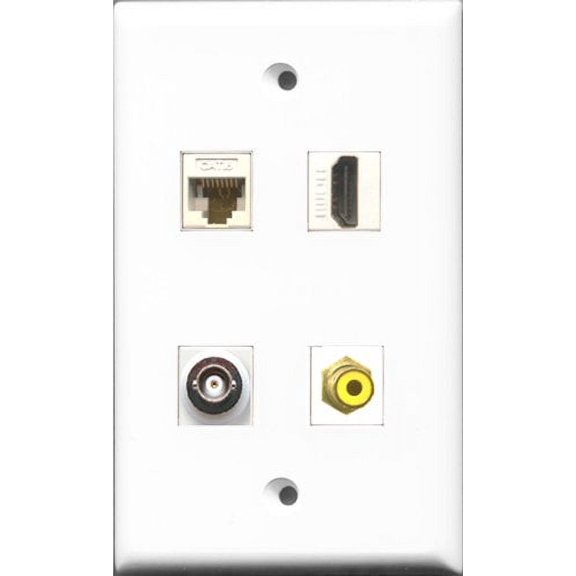 RiteAV 1 Port HDMI and 1 Port RCA Yellow and 1 Port BNC and 1 Port Cat6 Ethernet White Wall Plate