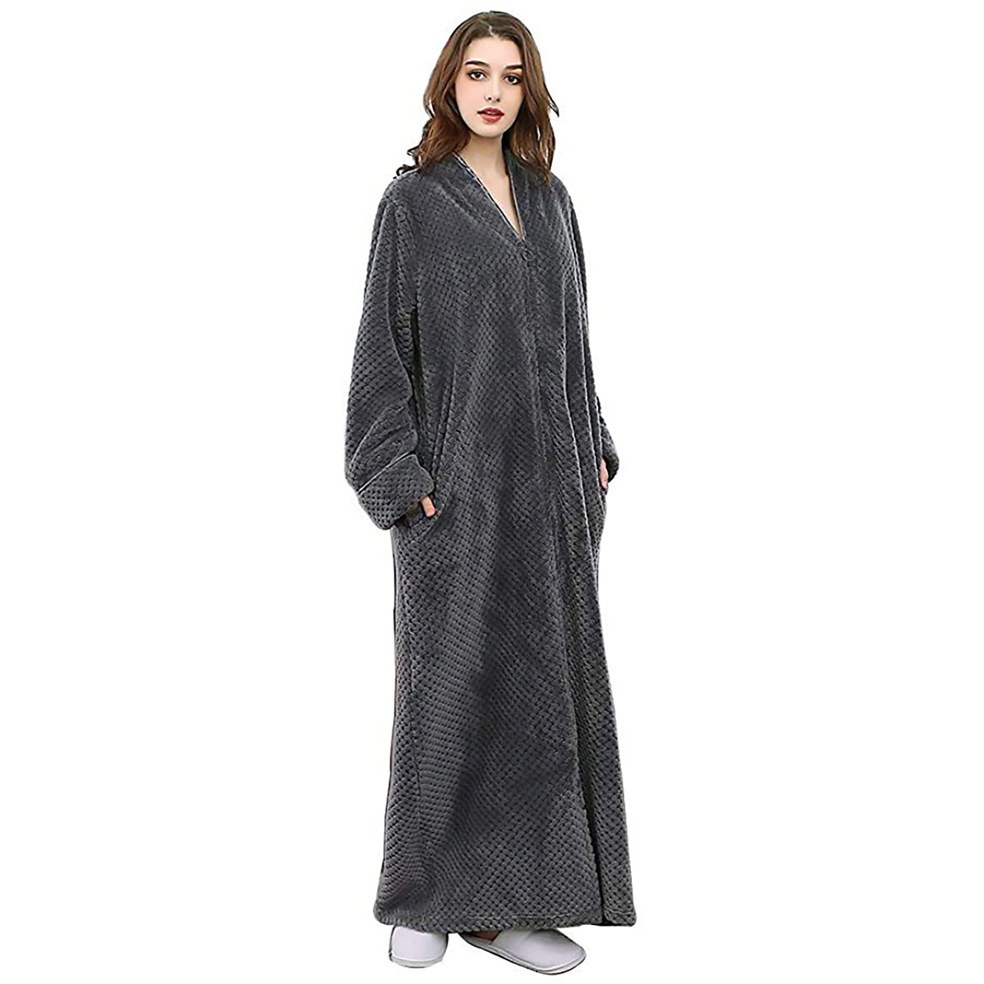 Oksun Womens Zip up Bathrobes Long Plush Fleece Warm Dressing Robe Gray