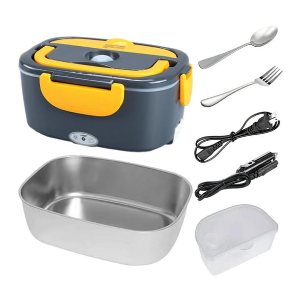 Fiambrera eléctrica, calentador de alimentos, práctico y versátil, con tenedor y cuchara, ideal para el hogar, el camión, el trabajo, viajes al aire Gris Amarillo
