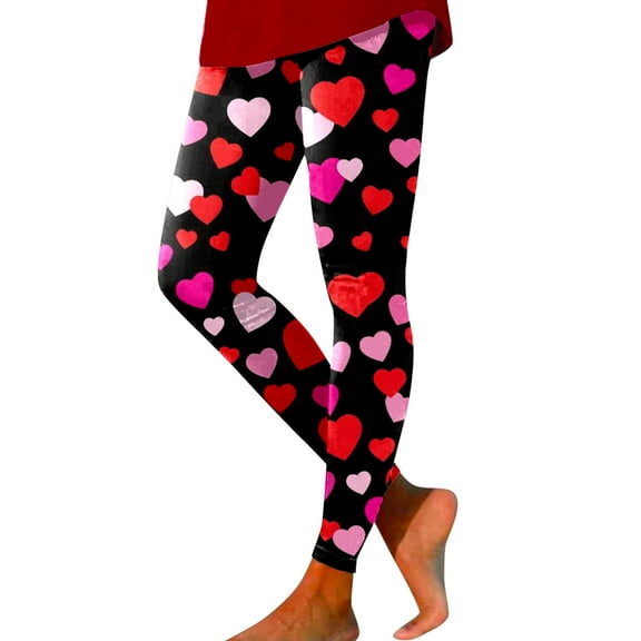 YUEHUA Leggings with Pockets for Women Brushed High Waist Casual Heart Pattern Printed Ankle Length Printed Tights Slim Fit Stretchy Pants Valentine's Day Gifts for Women