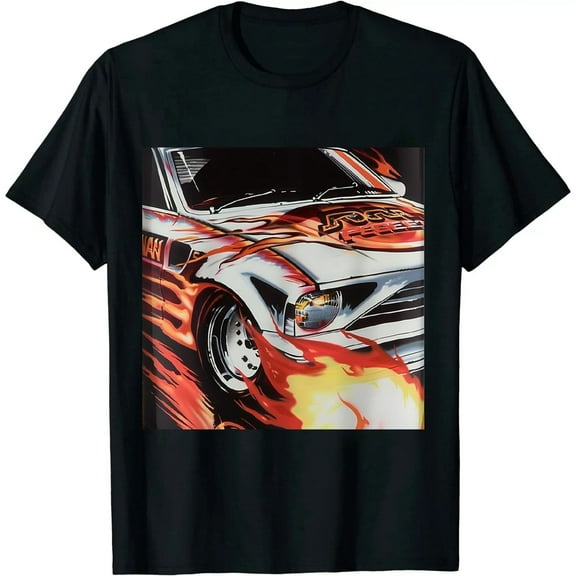 Qinduosi  Men's Letter Car Graphic Print Short Sleeve T Shirt Casual Vintage Summer Tees Tops White L Black