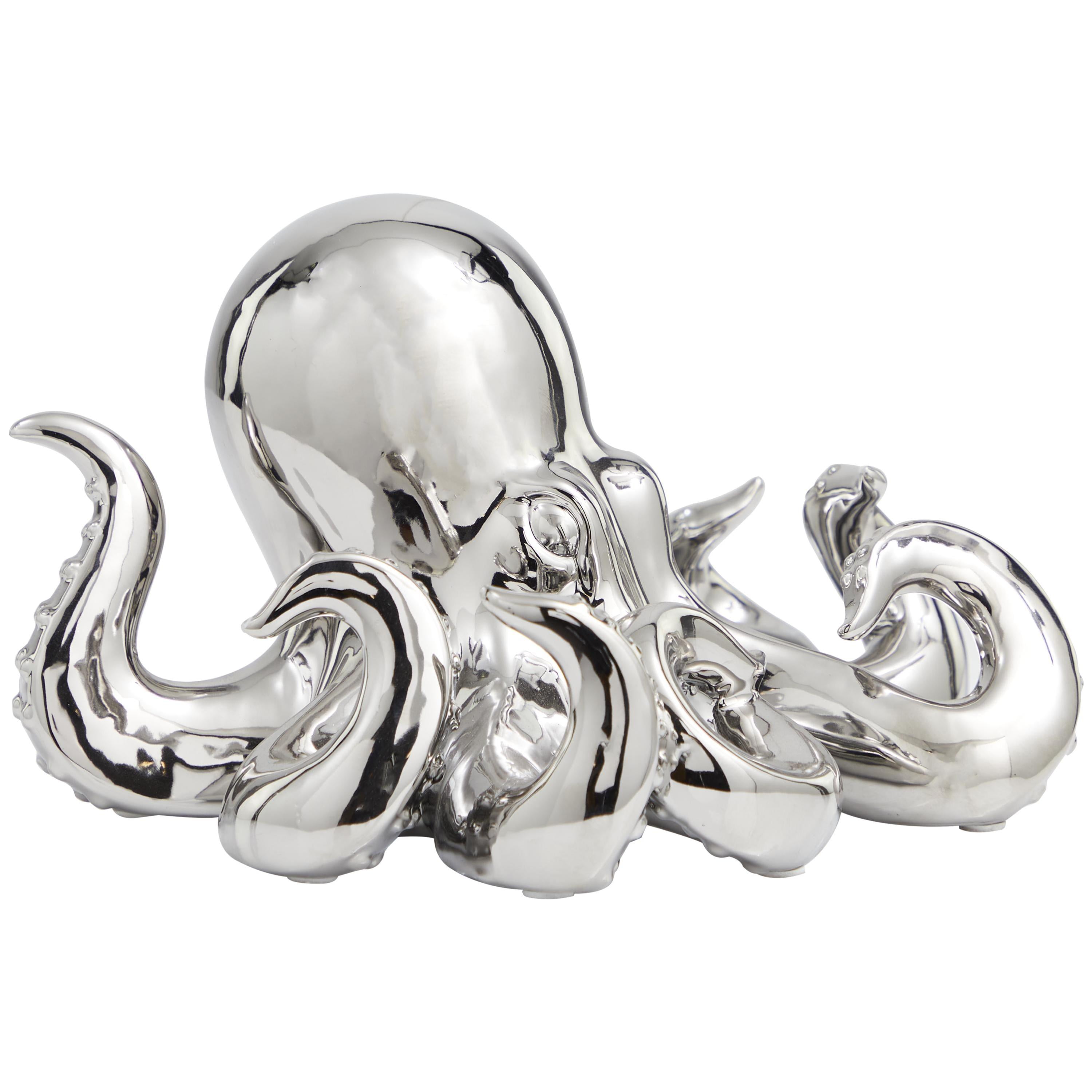 12" x 7" Silver Ceramic Octopus Sculpture with Textured Tentacles, by DecMode