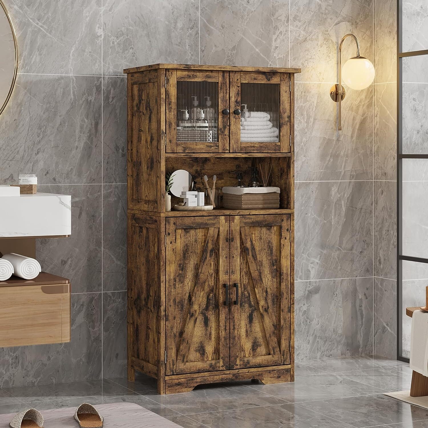 HOSSLLY Bathroom Storage Cabinet, Freestanding Bathroom Cabinet with Open Storage, Kitchen Pantry Cabinet with Doors for Living Room, Bathroom Floor Cabinet, Brown