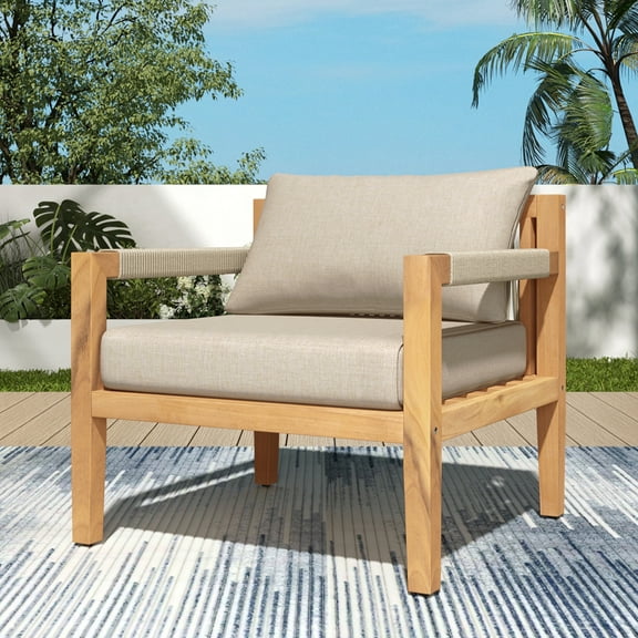 Christopher Knight Home Outdoor Spacious Leisure Chair, Wood Frame with Rope Back and Cushions, Beige