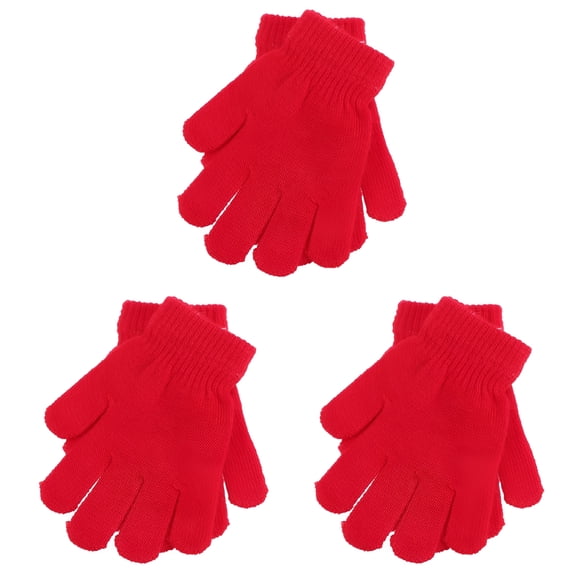 TELOLY 3Pcs Children's Gloves Autumn and Winter Models Knitted Solid Color Five Fingers Warm Gloves Kids Knit Gloves 4-12 Years Old (Red)