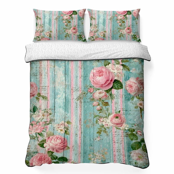 Quilts Full Size Bedding Set, Rustic Floral Lightweight Quilted Comforter, Pink Flowers Green Leaves Pastoral Teal Wooden Soft Bedspread Coverlet with Pillow Covers for All Season, 78" x 90"