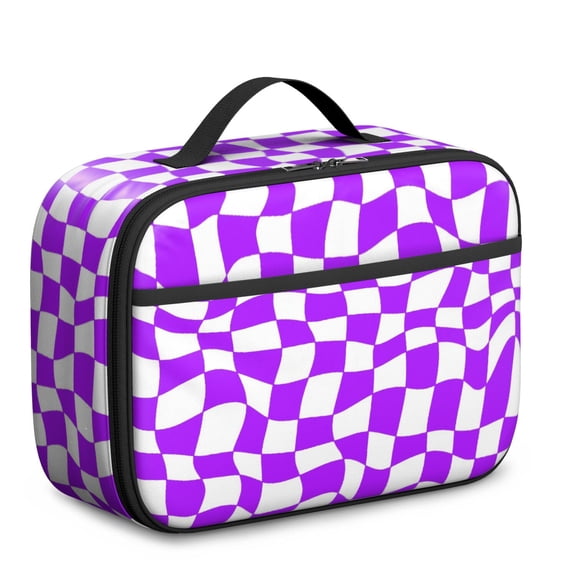 Purple and White Wavy Checkered Pattern Insulated Lunch Bag Teens,Bento School Lunch Bag for Teens for Work,Picnic or Travel 10.6x7.7x4.3 Inches,12 Can Capacity