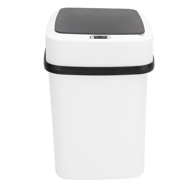 Automatic Trash Can, Touchless Trash Can Infrared Motion Sensor Multifunctional for Kitchen. A white rectangular garbage bin with a black lid featuring an infrared motion sensor panel. Made of durable ABS material, it includes a lithium-ion battery and USB charging cable. Ideal for narrow spaces and equipped with waterproof sensors for hands-free use, suitable for kitchens, bathrooms, and recycling needs.