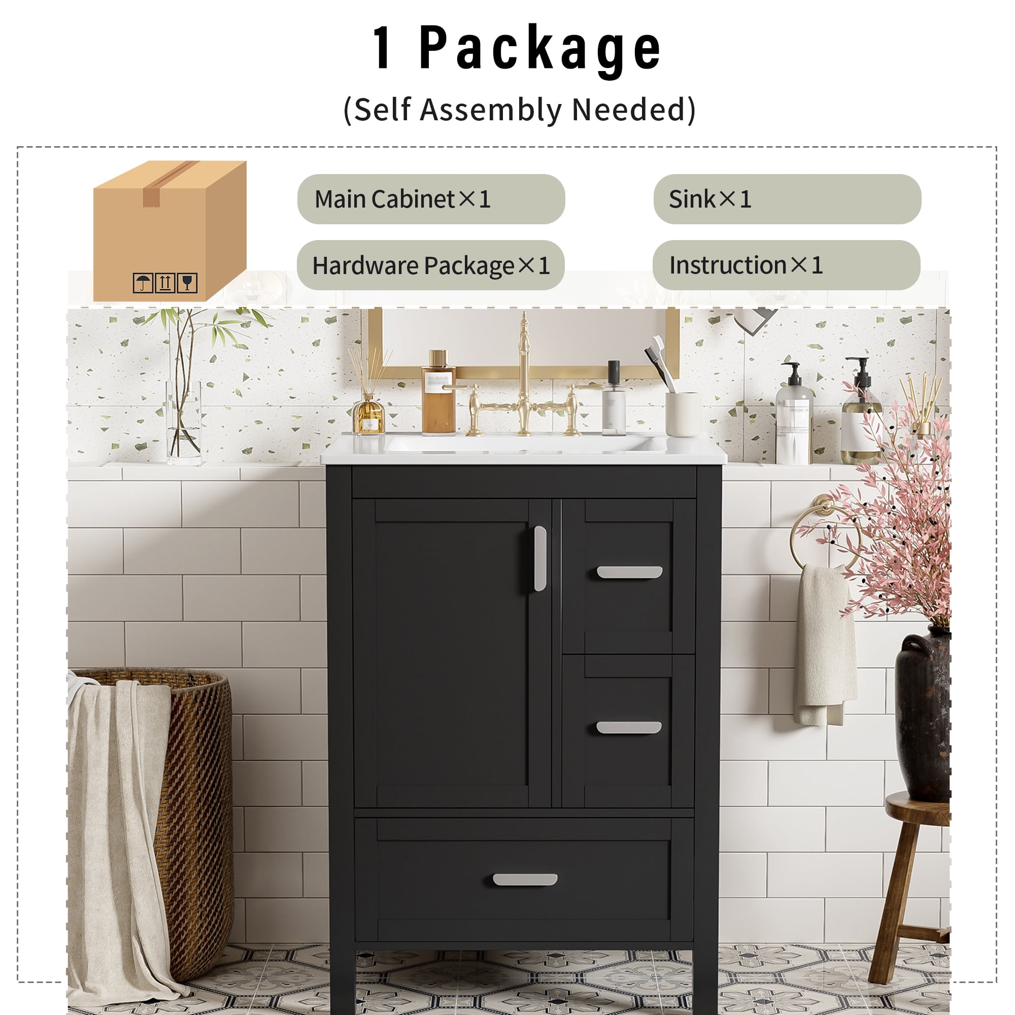 Euroco Modern 24-inch Bathroom Vanity with Ceramic Sink, Soft-Close Door, Double-Layer Door Shelf, and 3 Drawers