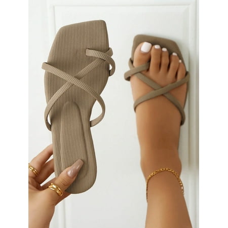 

Fashionable Outdoors Thong Sandals for Women Criss Cross Plain Polyester Toe Post Flat Sandals
