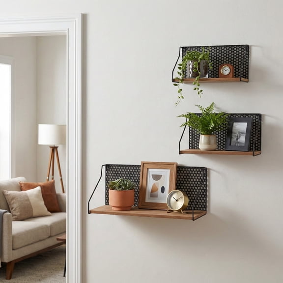 Wall Mounted Rectangular Shelves with Perforated Iron Backing for Home Decor - Hanging Boho Metal and Wood Storage Organizer for Living Room, Bedroom, and Bathroom - Set of 3, 9", Brown & Black