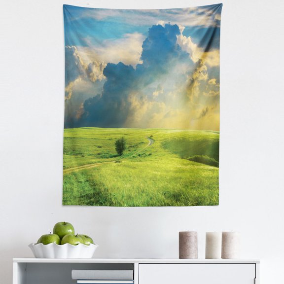 Landscape Tapestry, Summer Landscape with the Grass Road Cloudscape and Rural Novelty View Image Print, Fabric Wall Hanging Decor for Bedroom Living Room Dorm, 5 Sizes, Blue Green, by Ambesonne