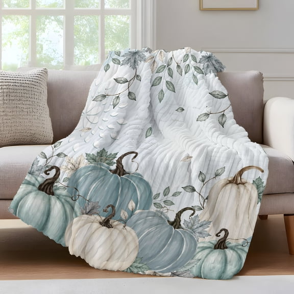 Teal Pumpkins Fall Fleece Throw Blanket for Couch, Thanksgiving Autumn Leaves Blue Microfiber Flannel Blanket for All Season, Lightweight Soft Throw Blankets for Bedroom, Living Room, 60"x80"