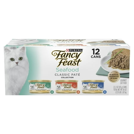 Purina Fancy Feast Seafood Classic Pate Collection Grain Free Wet Cat Food Pate Variety Pack  3 oz Cans (12 Pack)