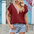 thumbnail image 5 of JWZUY Short Sleeve Shirt for Women Loose Satin Top Guipure Lace V Neck Silk Blouse Wine S, 5 of 7