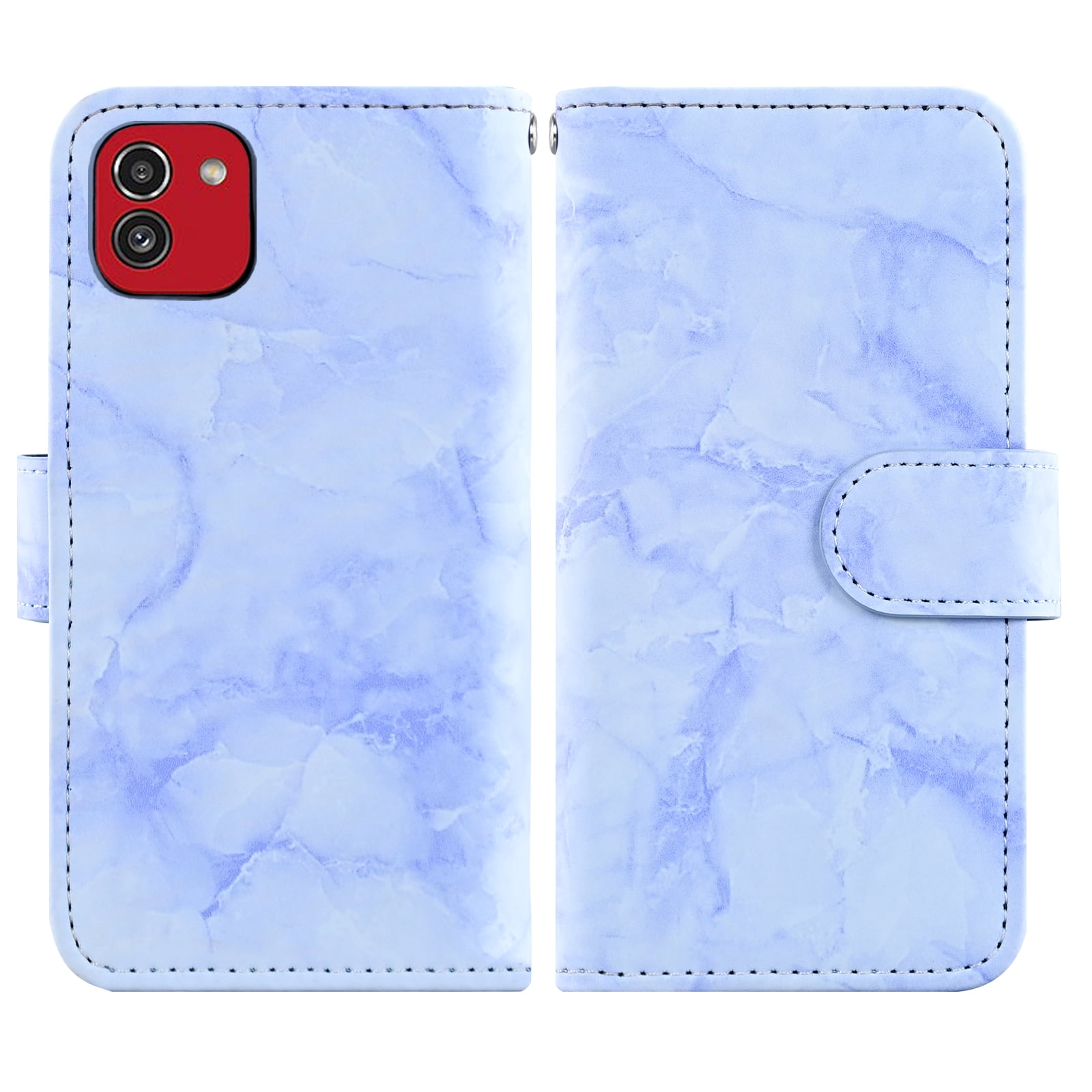 Asuwish Compatible with Samsung Galaxy A03 Wallet Phone Case and Tempered Glass Screen Protector Marble Faux Leather Flip Credit Card Holder Stand Zipper Slot Cell Cover for A 03 03A Ao3 Women Blue