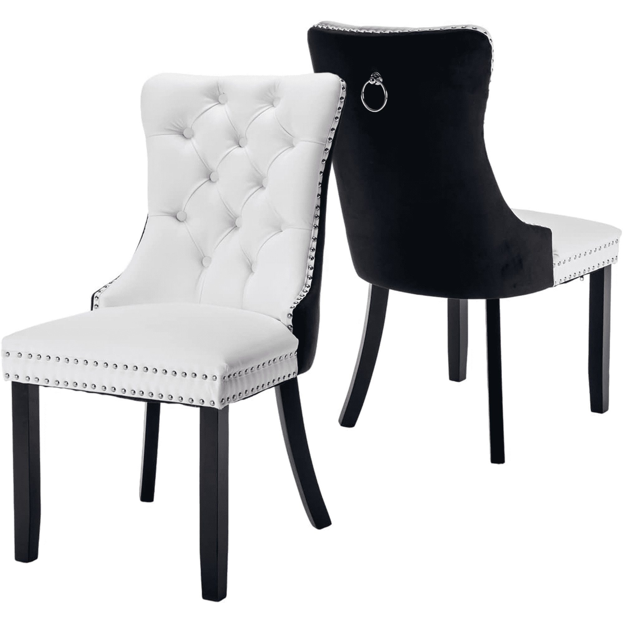PORKISS Dining Chairs Set of 2, Modern Wood and PU Dining Room Chairs with Back Ring and Nailhead Trim, Upholstered Tufted Velvet Chair with Wood Legs for Kitchen, White/Black