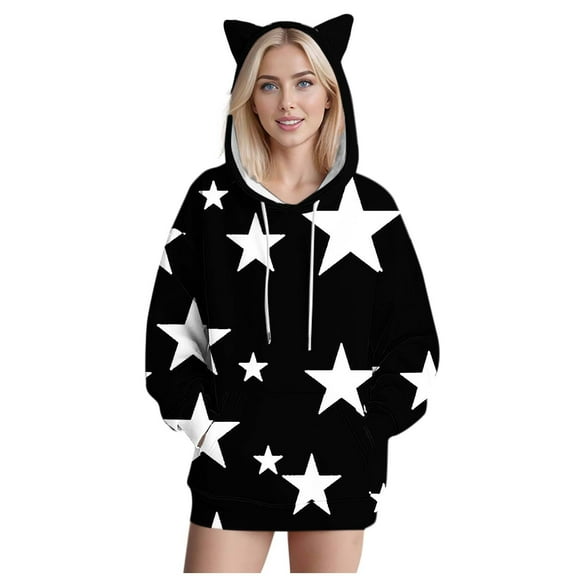 AGWOLF Star Graphic Sweatshirts for Women Oversized Cute Cat Ears Fashion Long Sleeve Pullover Hoodies