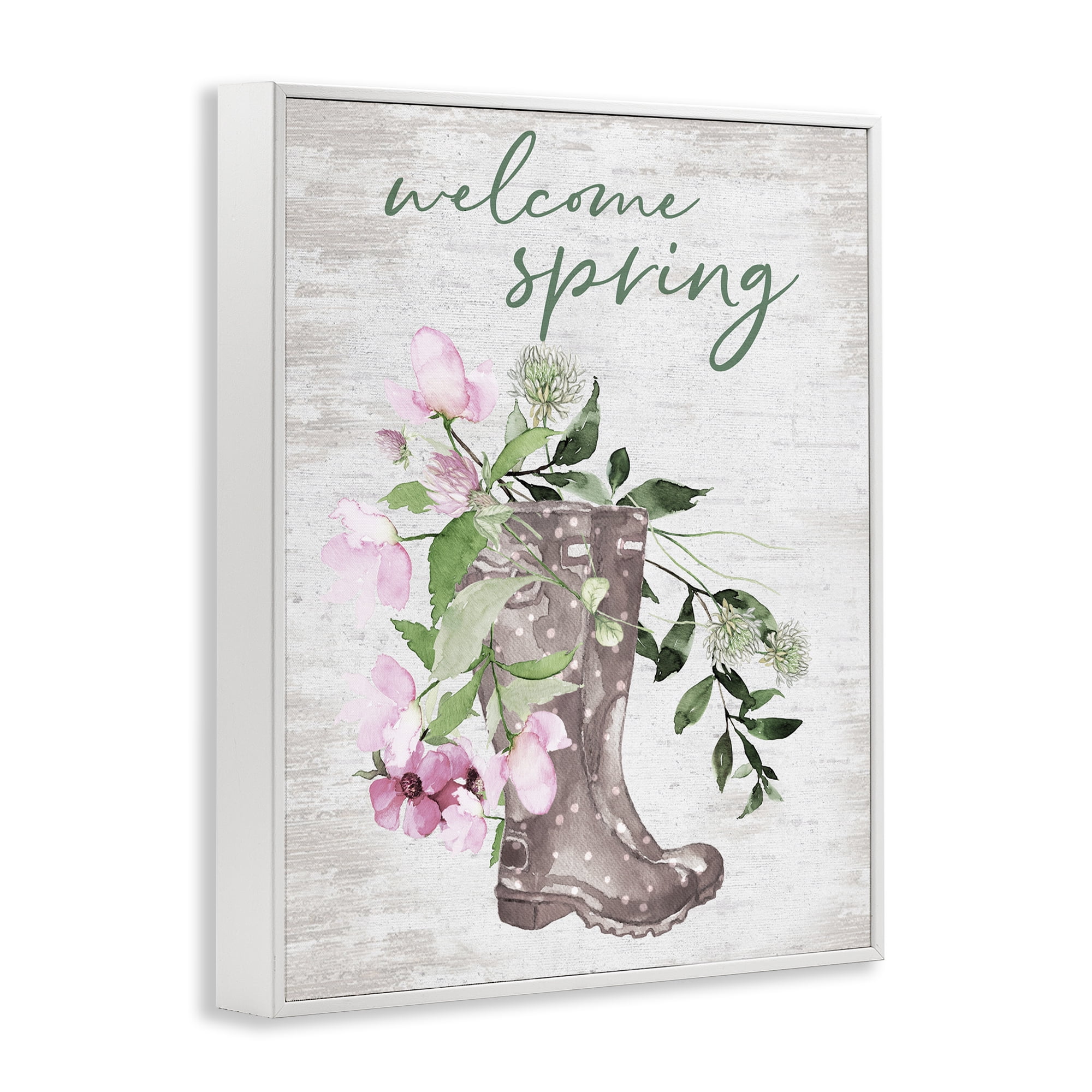 Welcome Spring Seasonal Rain Boots Flower Arrangement White Framed Giclee Art, 11 x 14