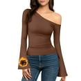 thumbnail image 4 of LEBONYARD Women's Trendy Round Neck Chic Sloping Off Shoulder Design Solid Color Long Sleeve Comfortable Thermal Thumb Holes Pullover Base Layer Tops, 4 of 9