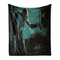 thumbnail image 1 of Zombie Soft Flannel Fleece Throw Blanket, Dead Man in the Old Abandoned House Nightmare Bloody Fantasy Art Scenery, Cozy Plush for Indoor and Outdoor Use, 50" x 60", Teal Charcoal Grey, by Ambesonne, 1 of 6