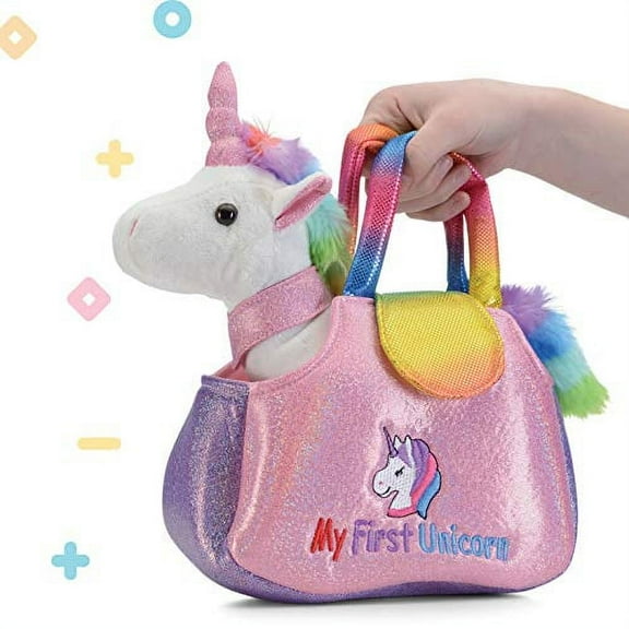 Prextex Stuffed Unicorn Animal with Matching Handbag Purse Pink and White Plush Gift for Girls