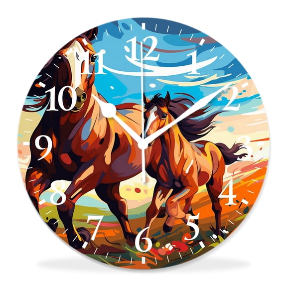 12 Inch Wall Clock Battery Operated Silent Clock Decorative for Office, Kitchen, Outdoor, Living Room，Mare Teaching Her Cute New Foal Beautiful Pattern