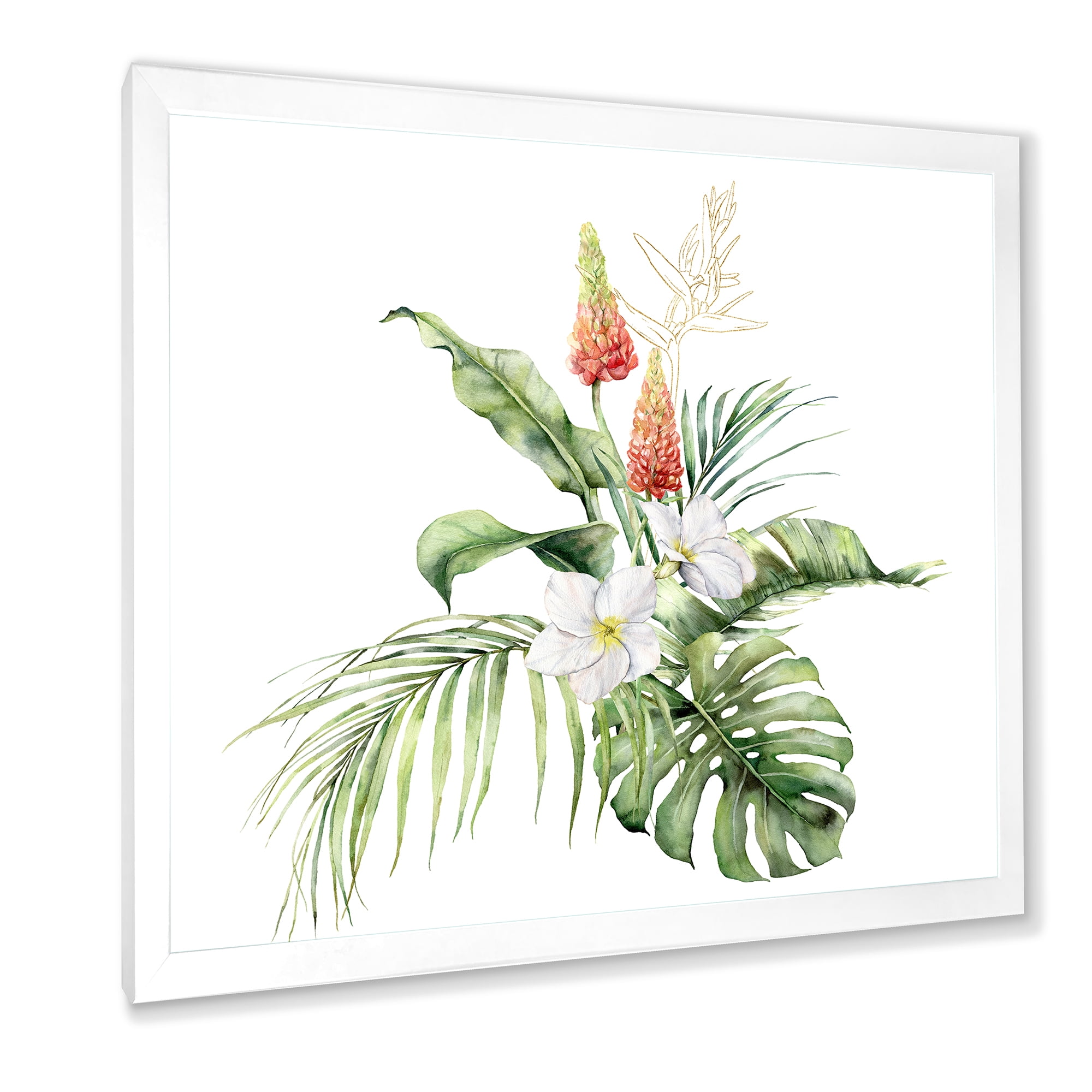 Designart 'Tropical Bouquet With Plumeria Lupine Palm Leaves' Traditional Framed Art Print