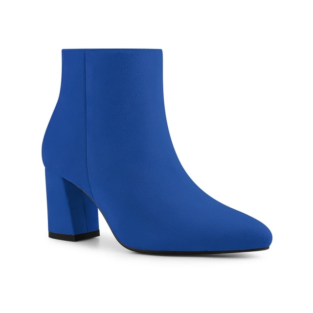 BLISSFUL STEP Women's Pointy Toe Side Zip Block Heels Ankle Boots Royal Blue 6.5