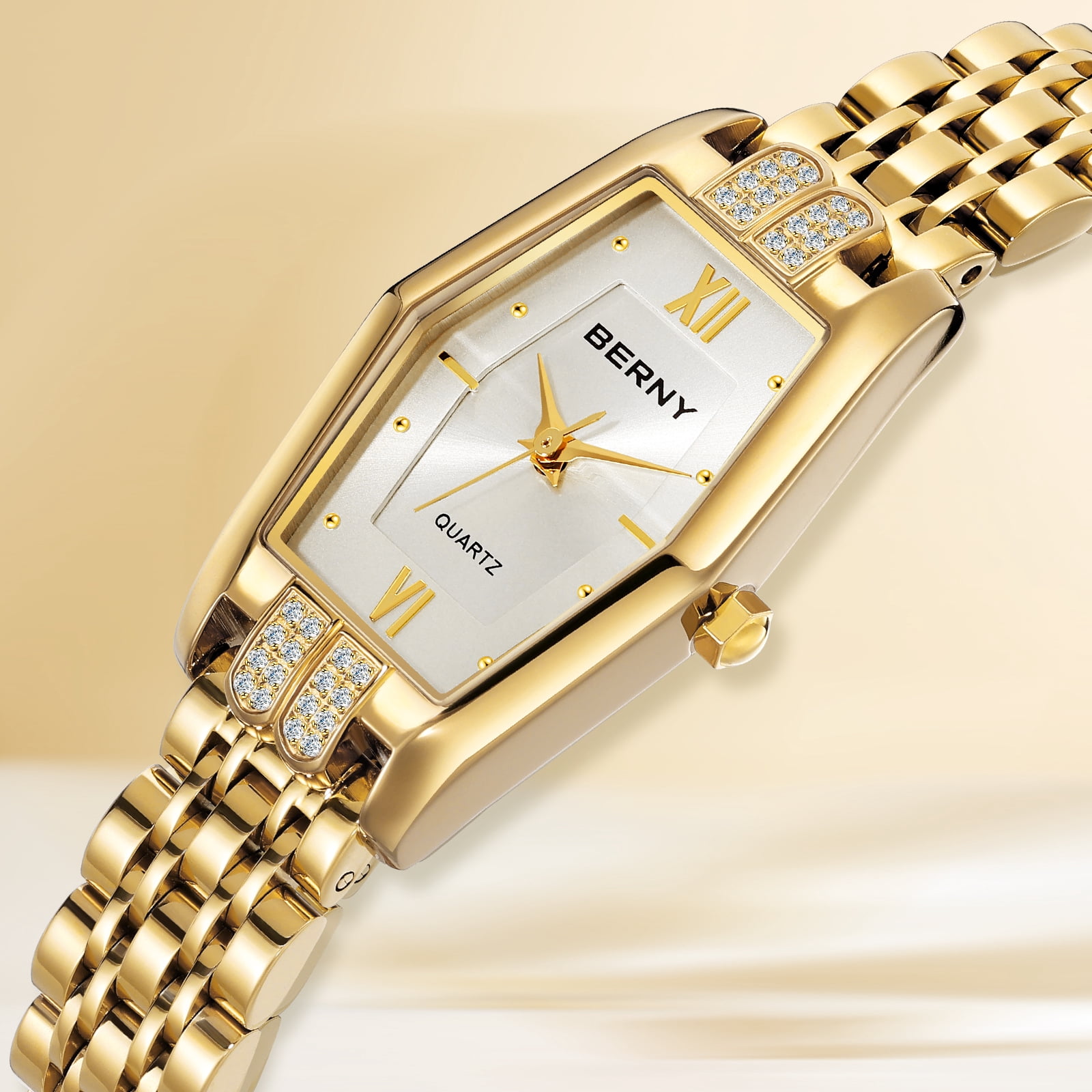 BERNY Gold Watches for Women, Dainty Luxury Diamond Stainless Steel Bracelet Watch, Adjustment Tool Included, Waterproof, Fashion Ladies Analog Quartz Wristwatch, Small Gold Watch Gifts (White)