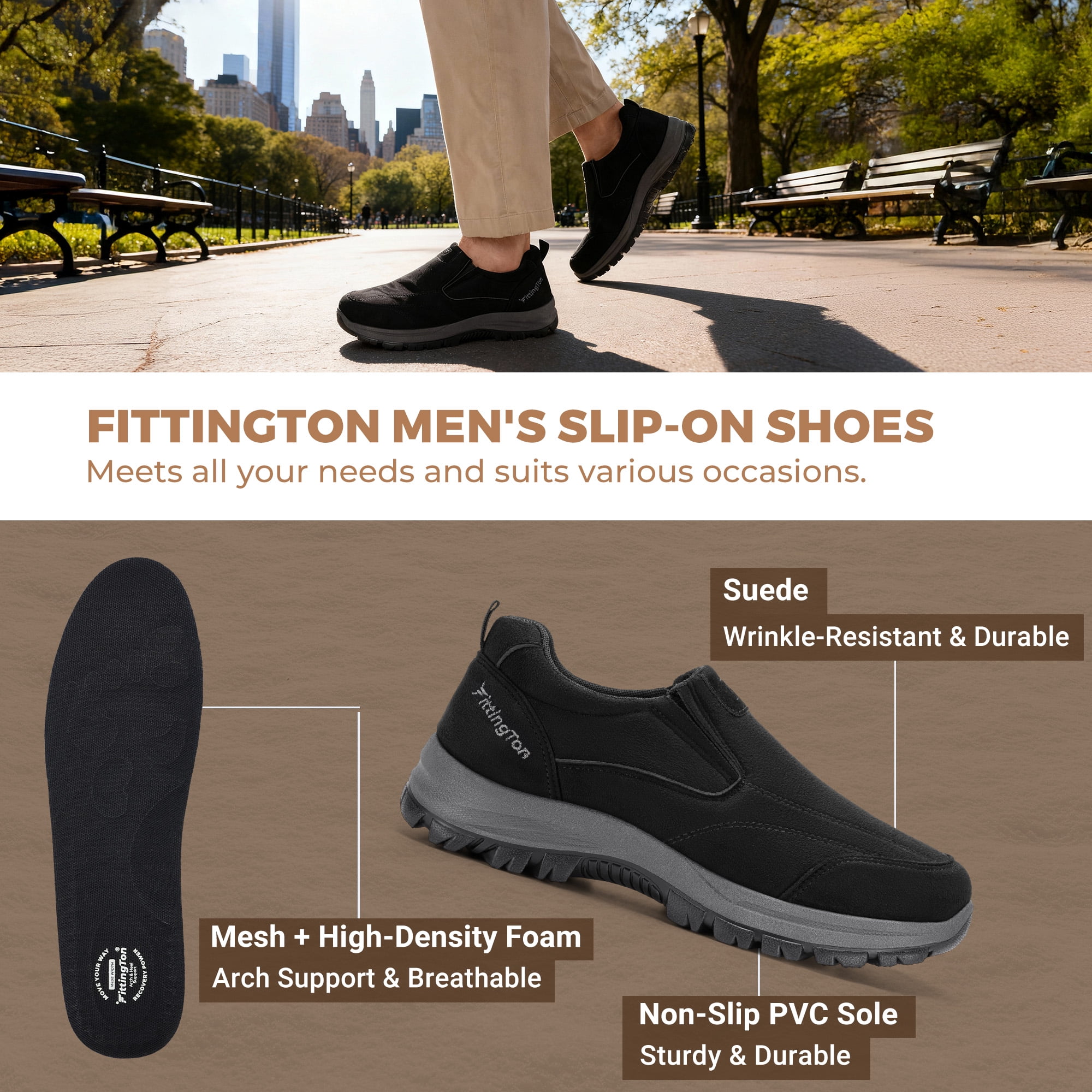 Fittington Mens Slip on Hiking Shoes Men's Walking Shoes Outdoor Trekking Loafer, Black