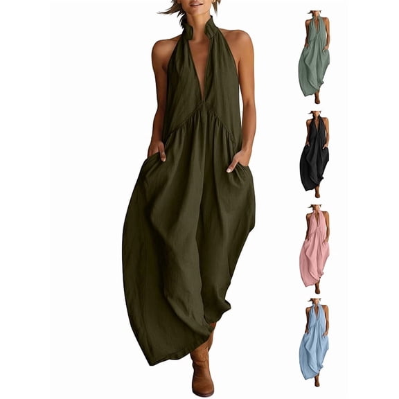 Afuyipoi Womens Cotton Linen Halter Neck Backless Maxi Dress with Pockets, Loose Flowy Pleated Dress, Soft Breathable Beach Vacation Dress for Women Green Size L