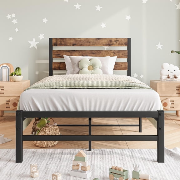PAPROOS Twin Size Platform Bed, Metal Single Bed Frame with Wooden Headboard, Heavy Duty Bed Frames for Bedroom, No Box Spring Needed, Black