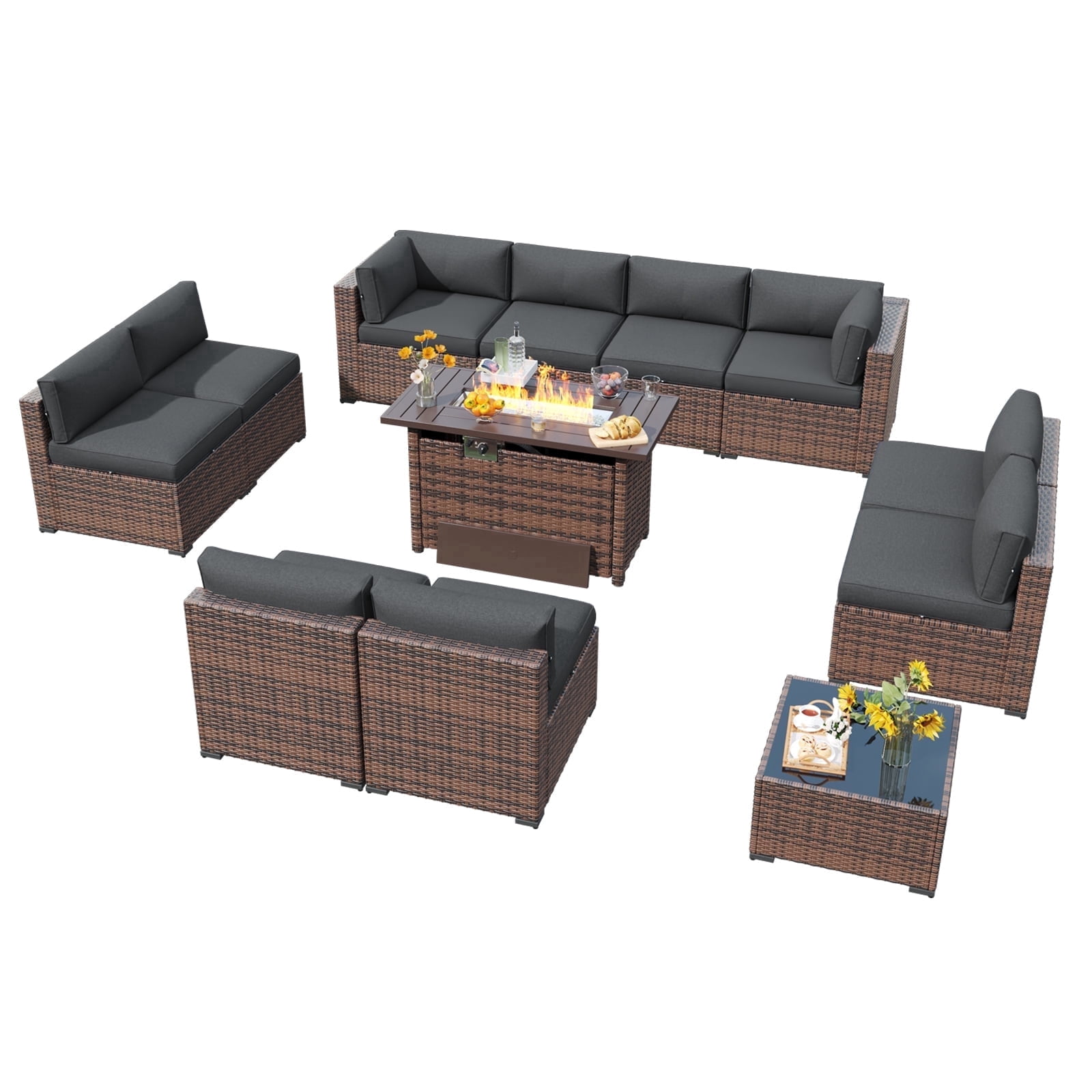 YardCache 12-Piece Outdoor Patio Furniture Set with 44" Fire Pit Table, All-Weather Wicker Rattan Sectional Sofa with Coffee Table & Cover (Grey)