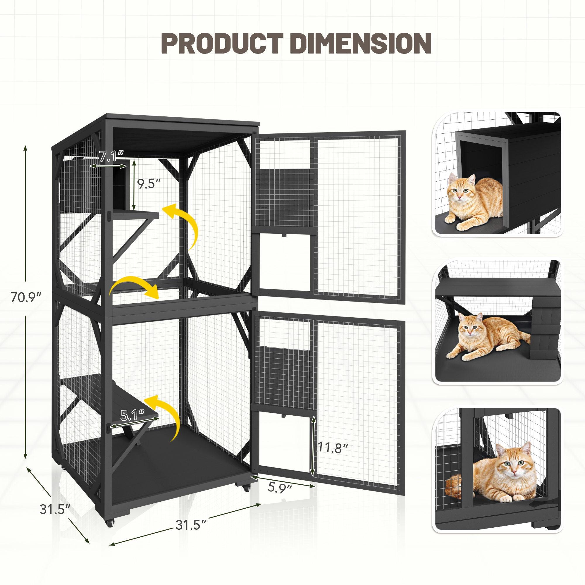 Furmax Outdoor Cat Catio Large Wooden Cat House Patio for Indoor Cats Feral Cat Shelter with 2 Espace Doors, 1 Resting Rooms, 3 Platforms, Waterproof roof