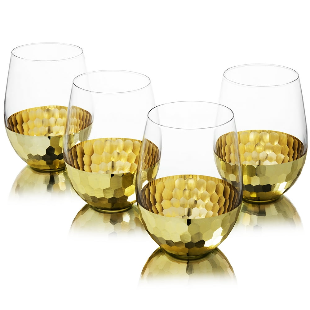 MyGift Set of 4 Modern Stemless Wine Glasses with Hammered Brass Metal