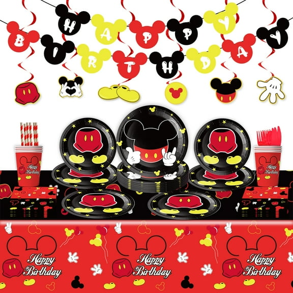 Mickey Cartoon Theme Birthday Party Supplies Decorations Including Birthday Banner, Tablecloth, Plates, Forks, Knives, Spoons for kids Party