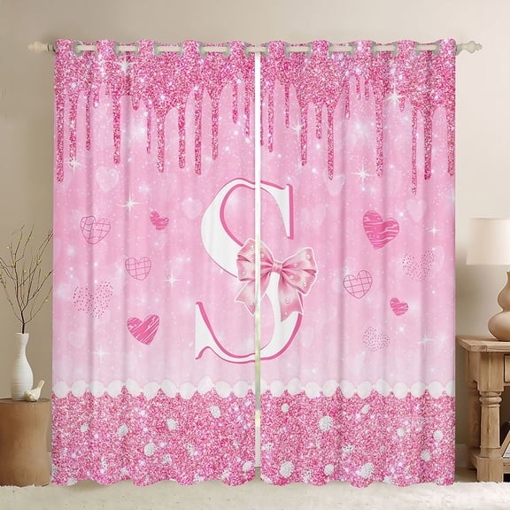 Castle Fairy Pink Glitter Letter S Black Out Curtains for Girls,Cartoon Bow Curtains Pack of 2 (42x63 Each)