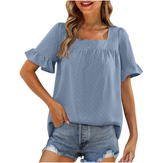 Blusas y blusas para mujer Elegantes camisas de verano con mangas con volantes y cuello cuadrado Blusas con lazo en la espalda OAVQHLG3B Store lin121212