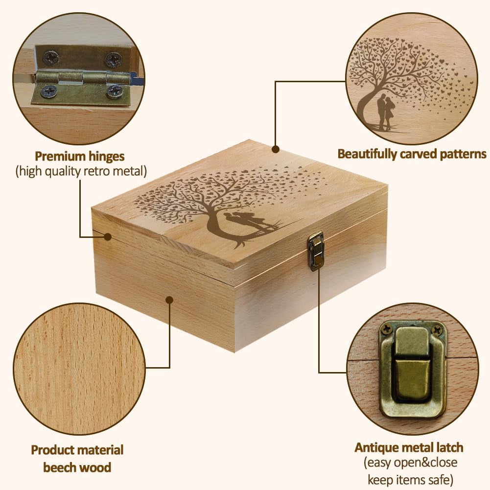 1 Pc Love Theme Wooden Memory Keepsake Box Hugged Couple Love Tree Box with Hinged Lid and Lock Storage Box Stash Box for Photo Letter Wedding Valentine 7.6x9.6x4inch(19.5x24.5x10.3cm) for DIY