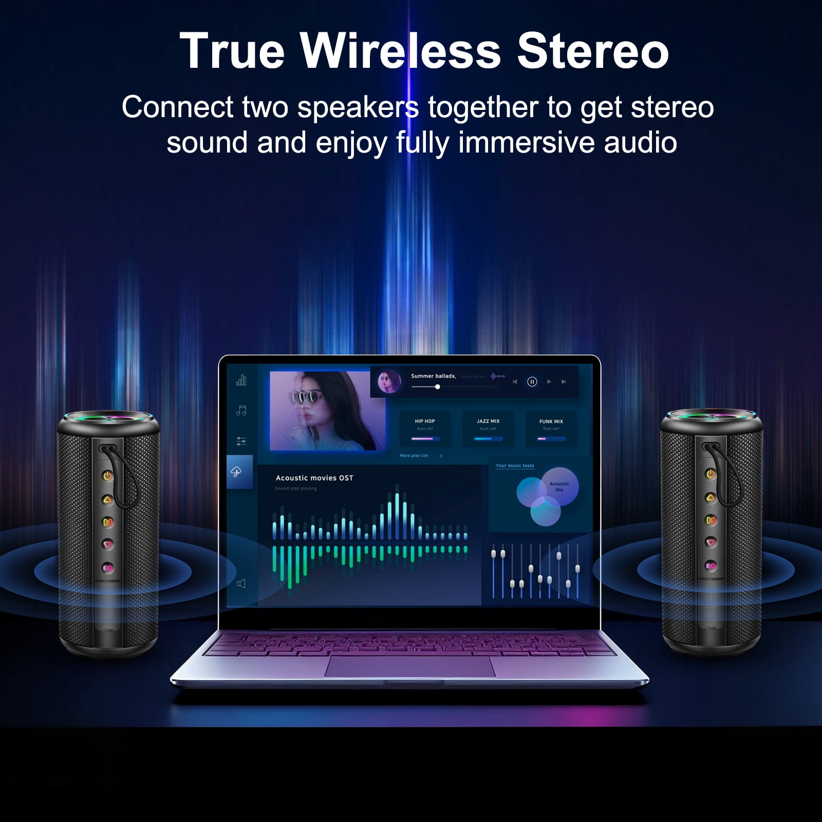 Portable Wireless Bluetooth Speaker, 20W HD Stereo Sound, Bluetooth 5.4, 15H Playtime, IPX7 Waterproof, LED Lights, TWS Pairing, Built-in Mic, Ideal for Outdoor, Party, Home, Beach & Gift (Black)