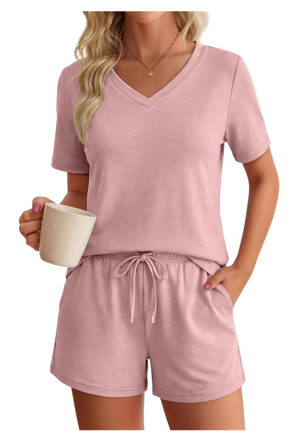 Lounge Sets for Women Summer 2 Piece Outfits V Neck Shirts and Shorts Sets Casual Matching Sets