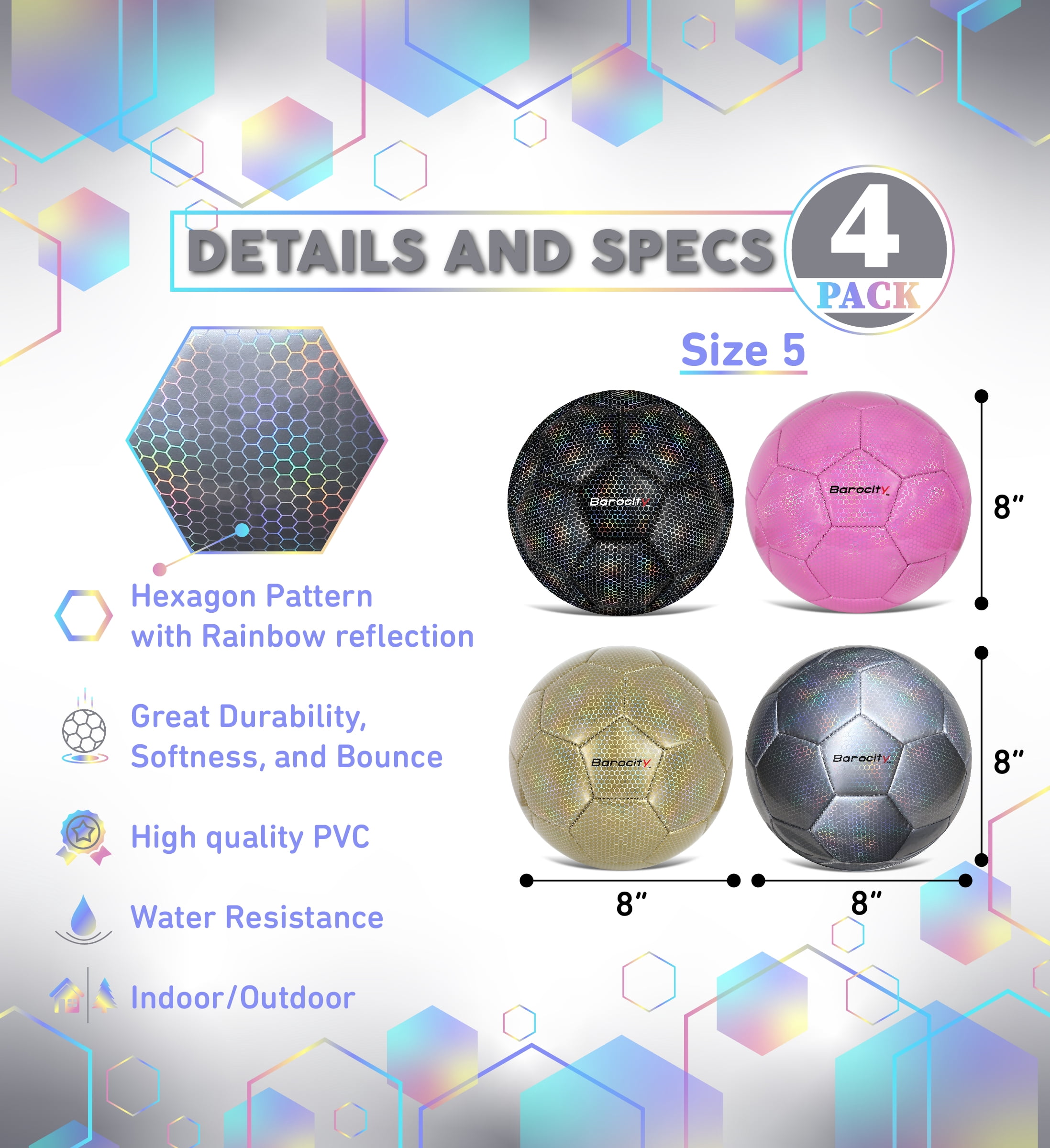 Barocity Iridescent Soccer Balls Set of 4 - Black, Gold, Silver and Pink Official Match Ball with Reflective Hex Pattern, Sport Soccer Balls for Indoor and Outdoor Training and Practice Games- Size 5
