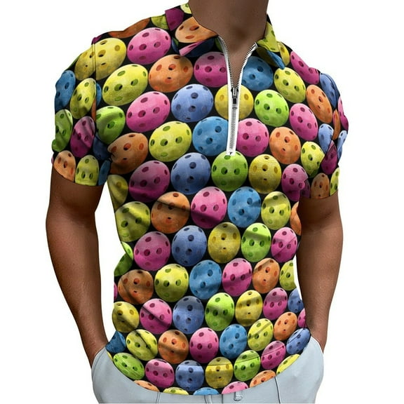 Multi Colored Pickleballs Men Zipper T-shirt Summer Casual Short Sleeve T-shirt Top