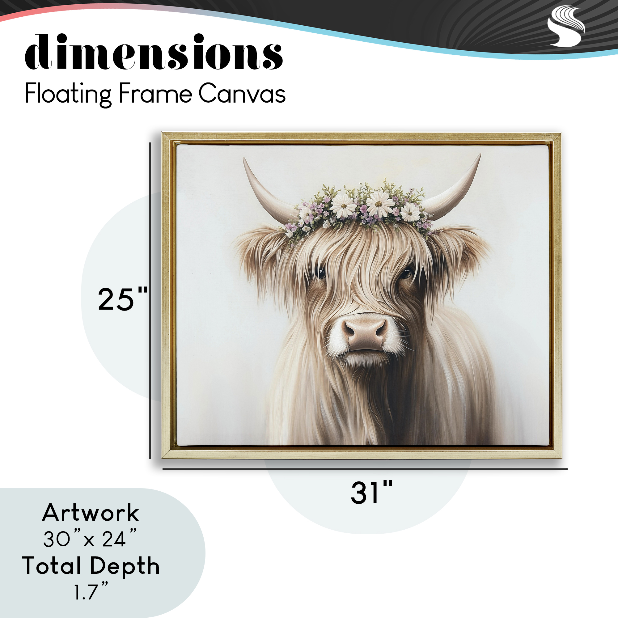 Shaggy Cattle Floral Crown Gold Framed Floater Canvas Wall Art, design by Shawna Stewart
