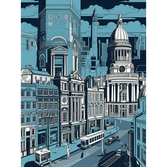 Belfast Cityscape City Centre Hall Linocut Style Large Wall Art Poster Print Thick Paper 18X24 Inch