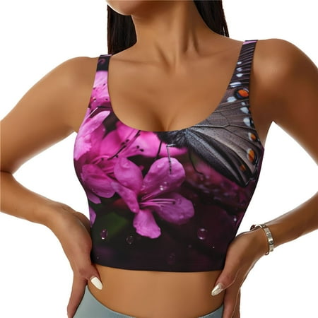 Daiia Pink Blossoms Butterfly Printed Women s Sports Bra  Breathable Activewear Bra with U-Back Design and Removable Pads  Comfortable and Supportive for Yoga  Workout-X-Large