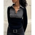 thumbnail image 2 of OwnShow Women's Fashion Contrast Stripe Shirt Collared Long Sleeve Button Slim Blouse, 2 of 6